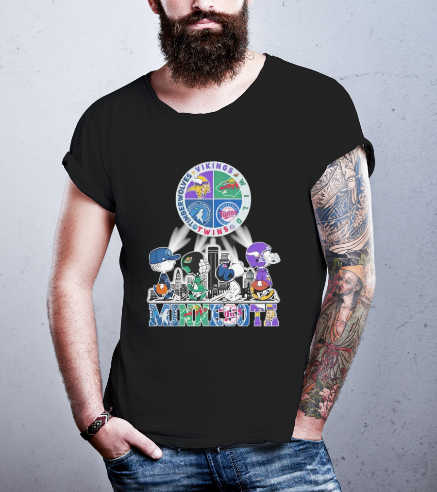 Peanuts Characters Minnesota Vikings Timberwolves Wild Twins Walking In Minnesota T-Shirt