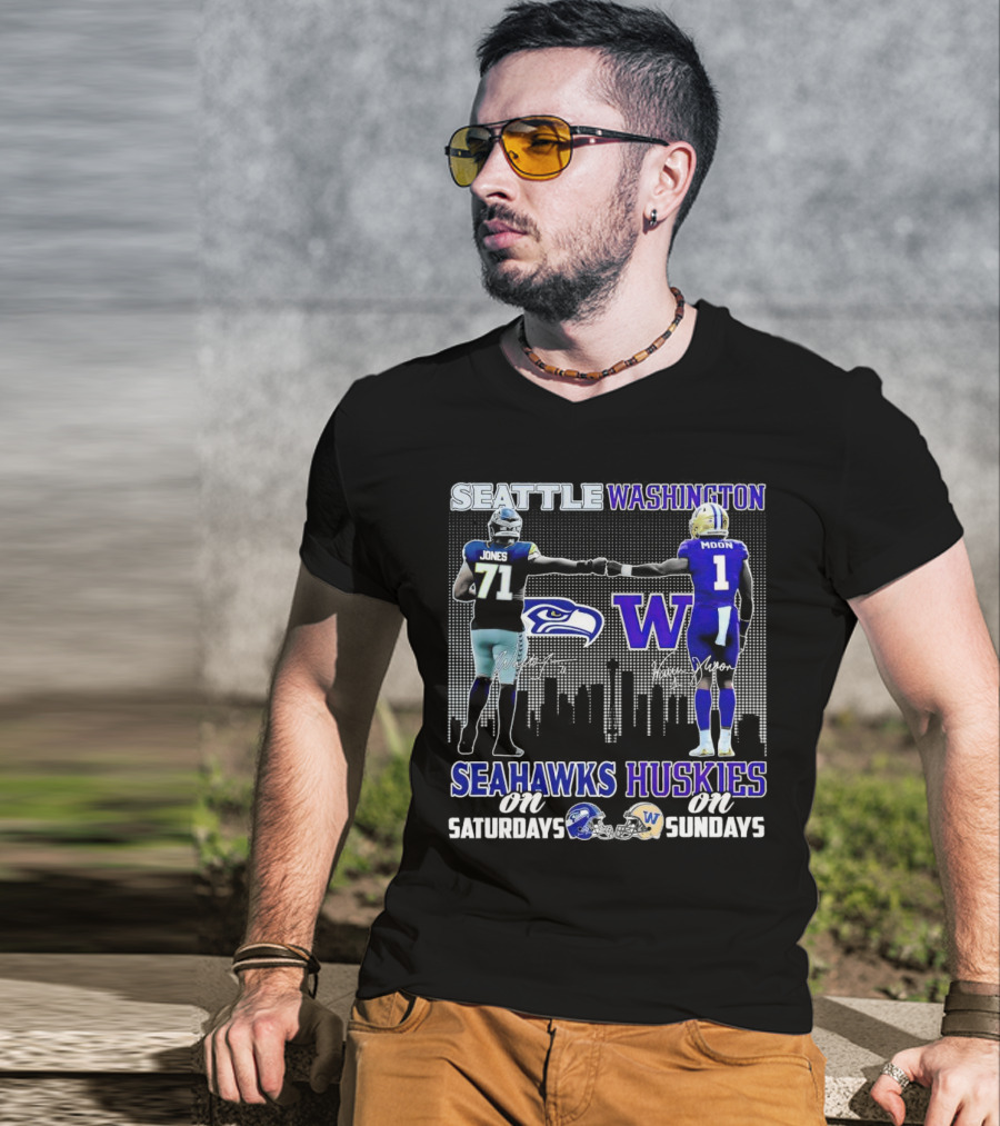 Seattle Seahawks Jones Saturdays Washington Huskies Moon Sundays T-Shirt