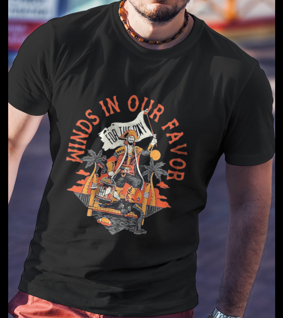 Winds In Our Favor Pirate With Flag And Parrot Tropical Scene T-Shirt