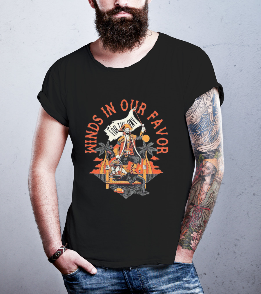 Winds In Our Favor Pirate With Flag And Parrot Tropical Scene T-Shirt