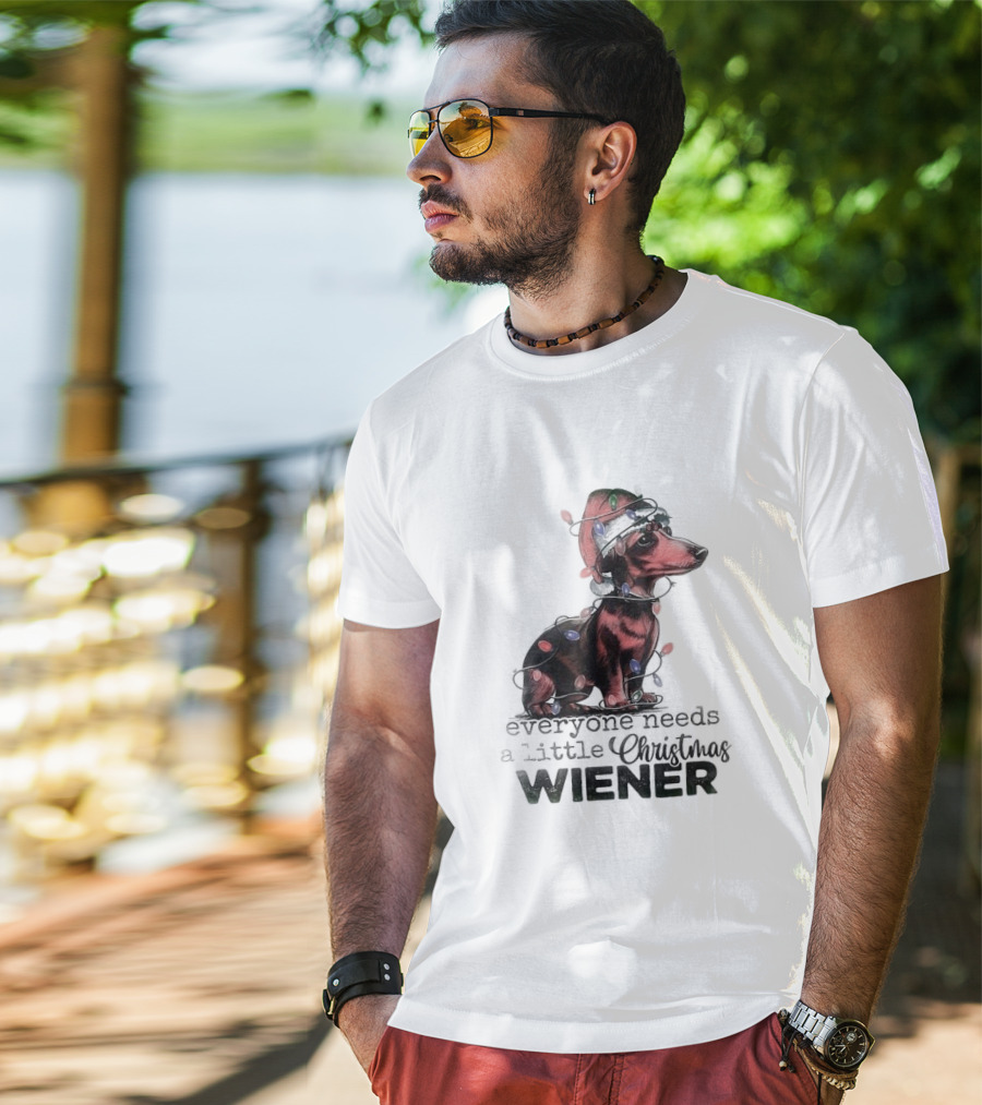 Everyone Needs A Little Christmas Wiener Dachshund With Lights And Santa Hat T-Shirt