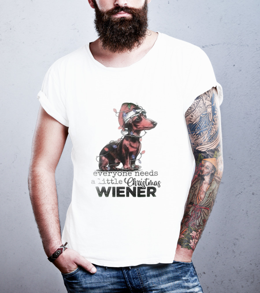 Everyone Needs A Little Christmas Wiener Dachshund With Lights And Santa Hat T-Shirt