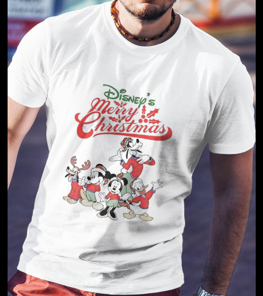 Disney’s Merry Christmas Mickey Minnie Goofy Pluto Festive Holiday T-Shirt
