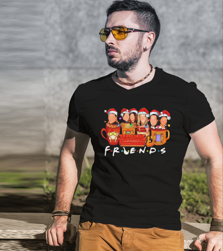Friends Christmas Santa Hats Couch Central Perk Logo Mugs Guitar T-Shirt