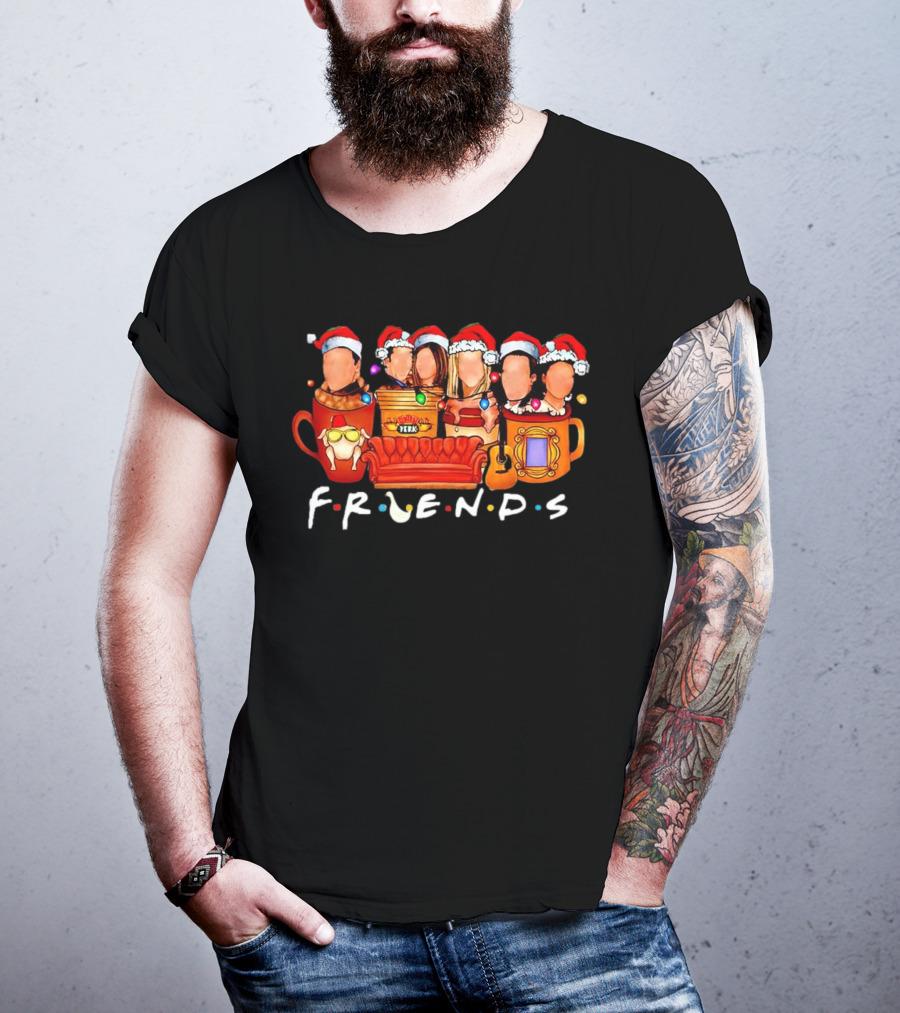 Friends Christmas Santa Hats Couch Central Perk Logo Mugs Guitar T-Shirt