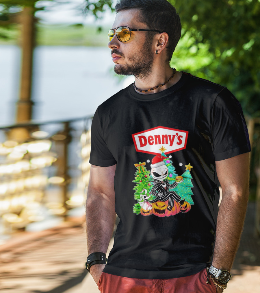 Denny’s Jack Skellington Santa Sitting On Pumpkins With Christmas Trees T-Shirt