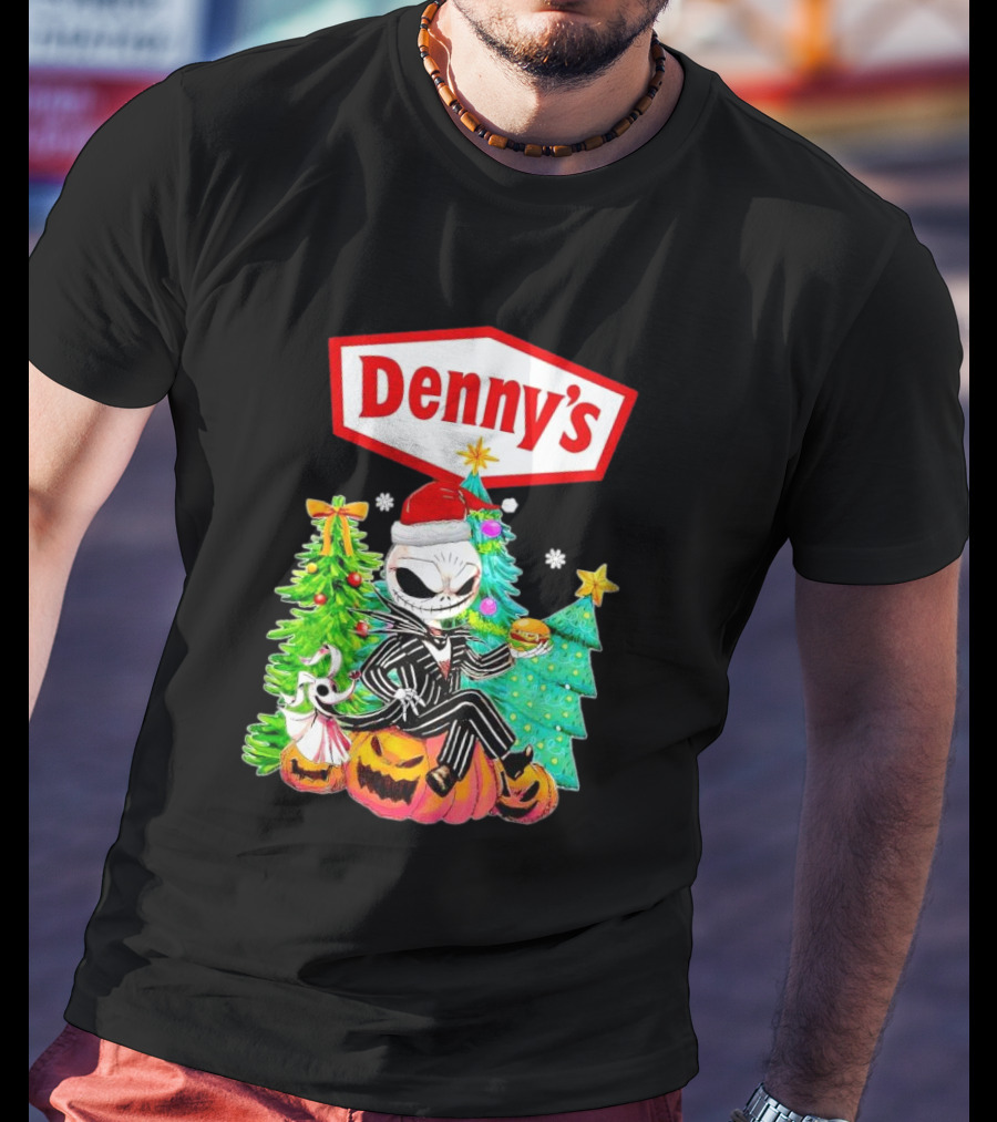 Denny’s Jack Skellington Santa Sitting On Pumpkins With Christmas Trees T-Shirt
