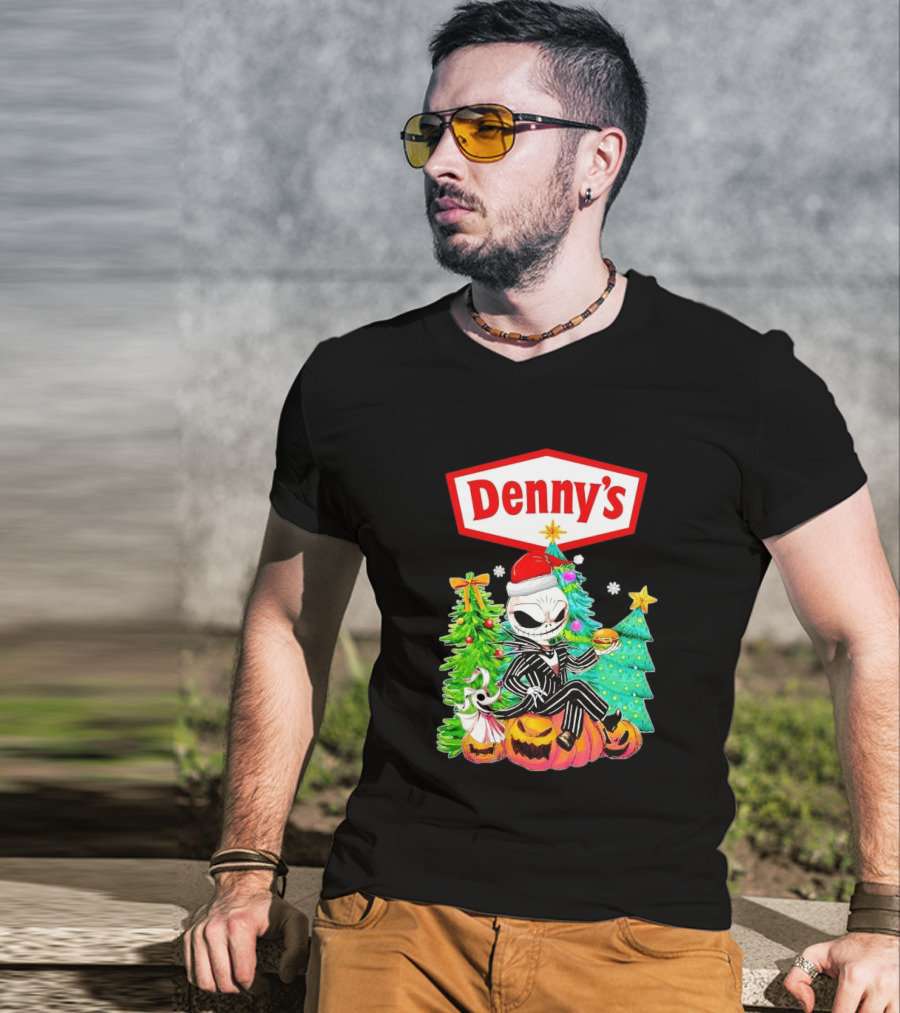 Denny’s Jack Skellington Santa Sitting On Pumpkins With Christmas Trees T-Shirt
