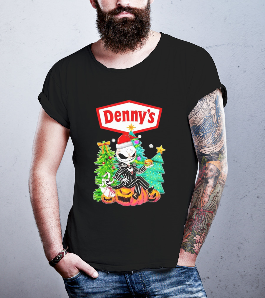 Denny’s Jack Skellington Santa Sitting On Pumpkins With Christmas Trees T-Shirt