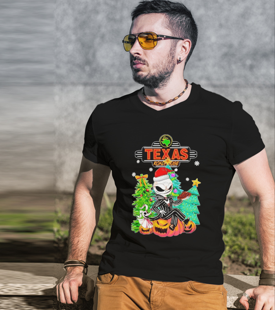 Jack Skellington Christmas With Texas Roadhouse Pumpkin And Christmas Trees T-Shirt
