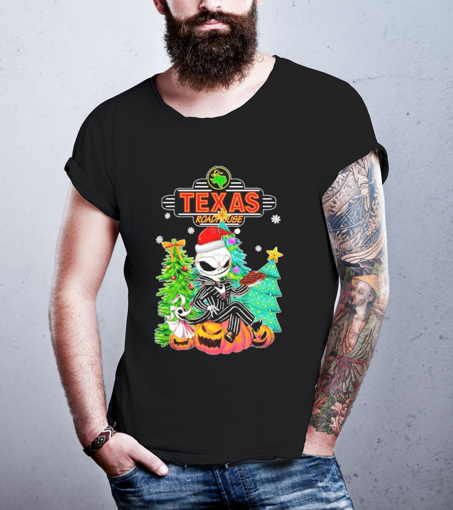 Jack Skellington Christmas With Texas Roadhouse Pumpkin And Christmas Trees T-Shirt