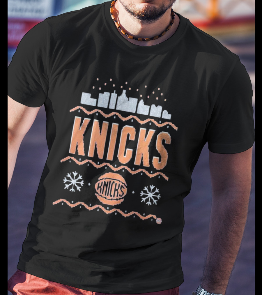 New York Knicks City Skyline Basketball Winter Snowflakes T-Shirt