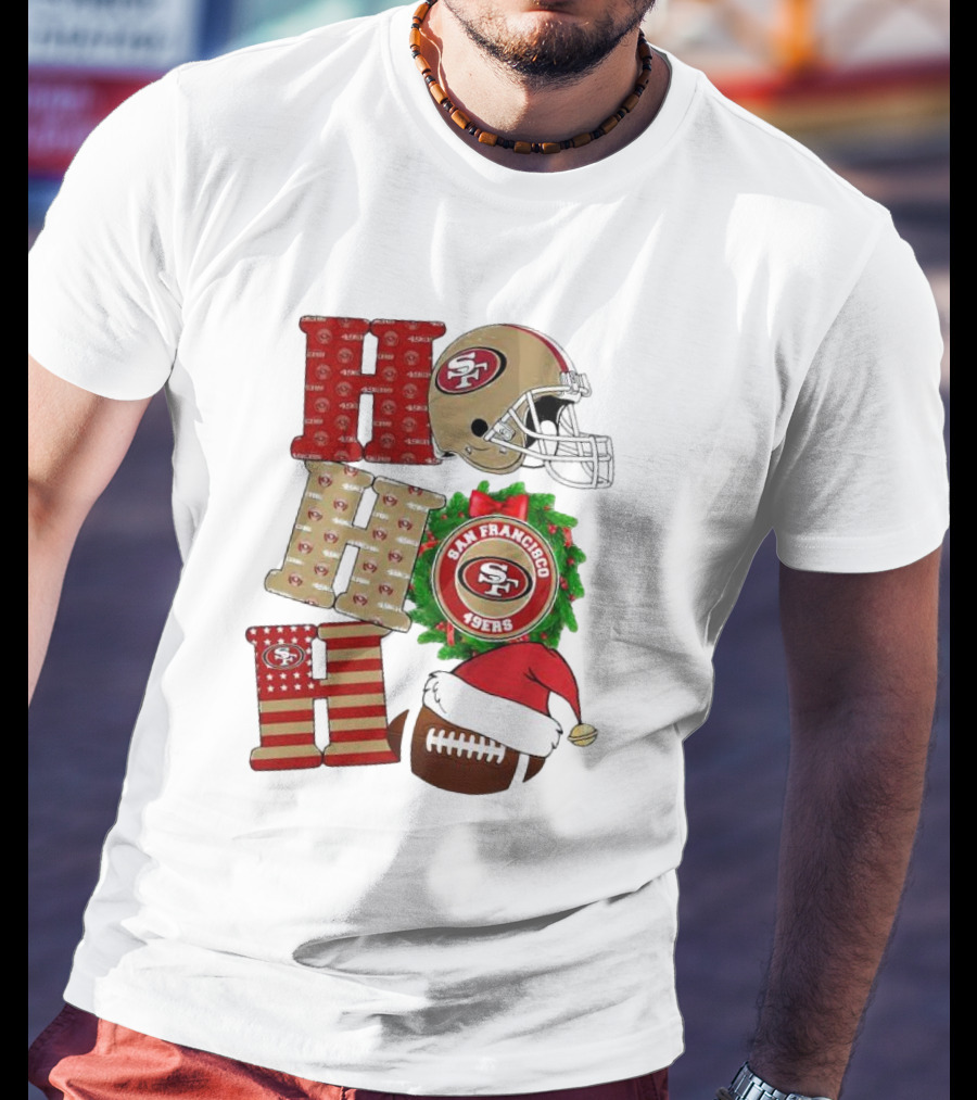 San Francisco 49ers Ho Ho Ho Merry Christmas Football Helmet Wreath Santa Hat T-Shirt