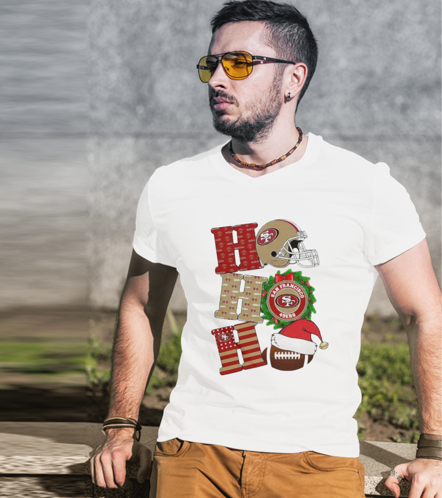 San Francisco 49ers Ho Ho Ho Merry Christmas Football Helmet Wreath Santa Hat T-Shirt