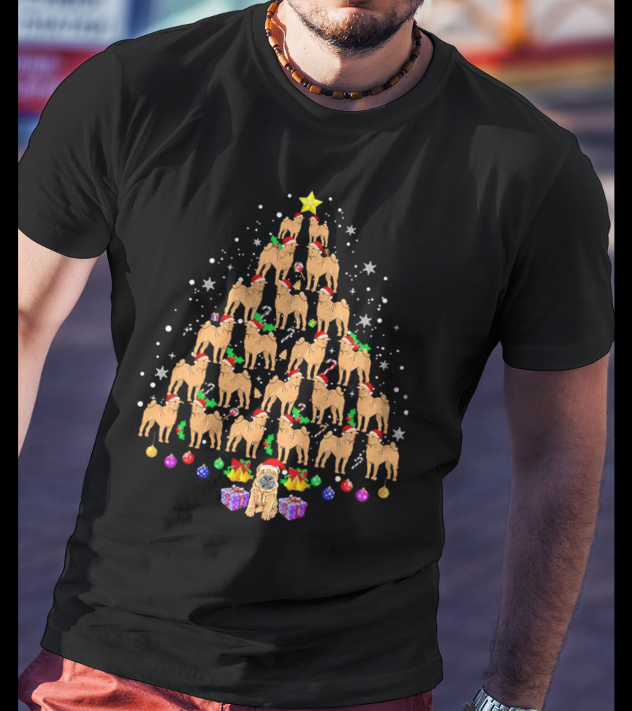 Shar Pei Holiday Tree With Festive Lights And Santa Hats T-Shirt