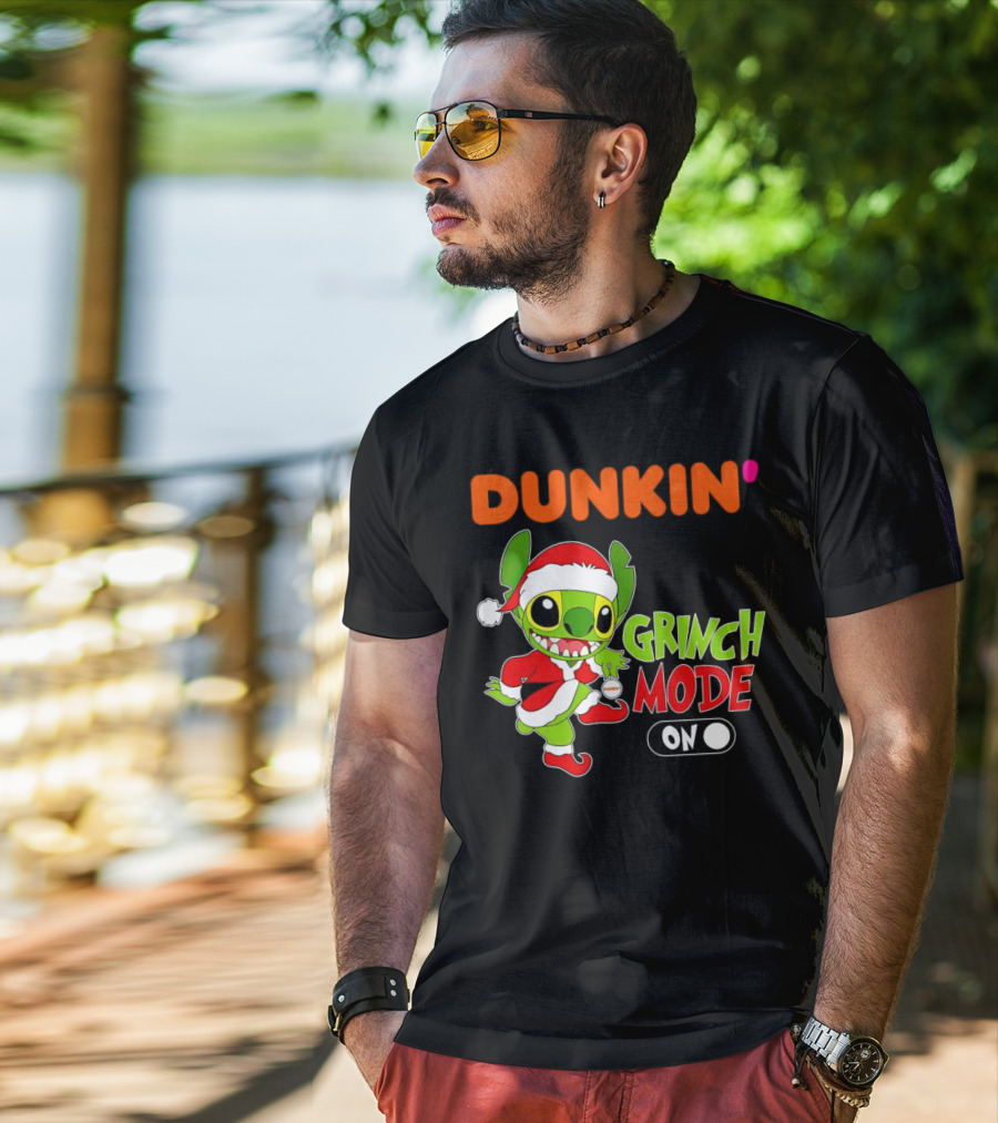 Dunkin' Grinch Mode On Christmas Stitch Santa Costume T-Shirt