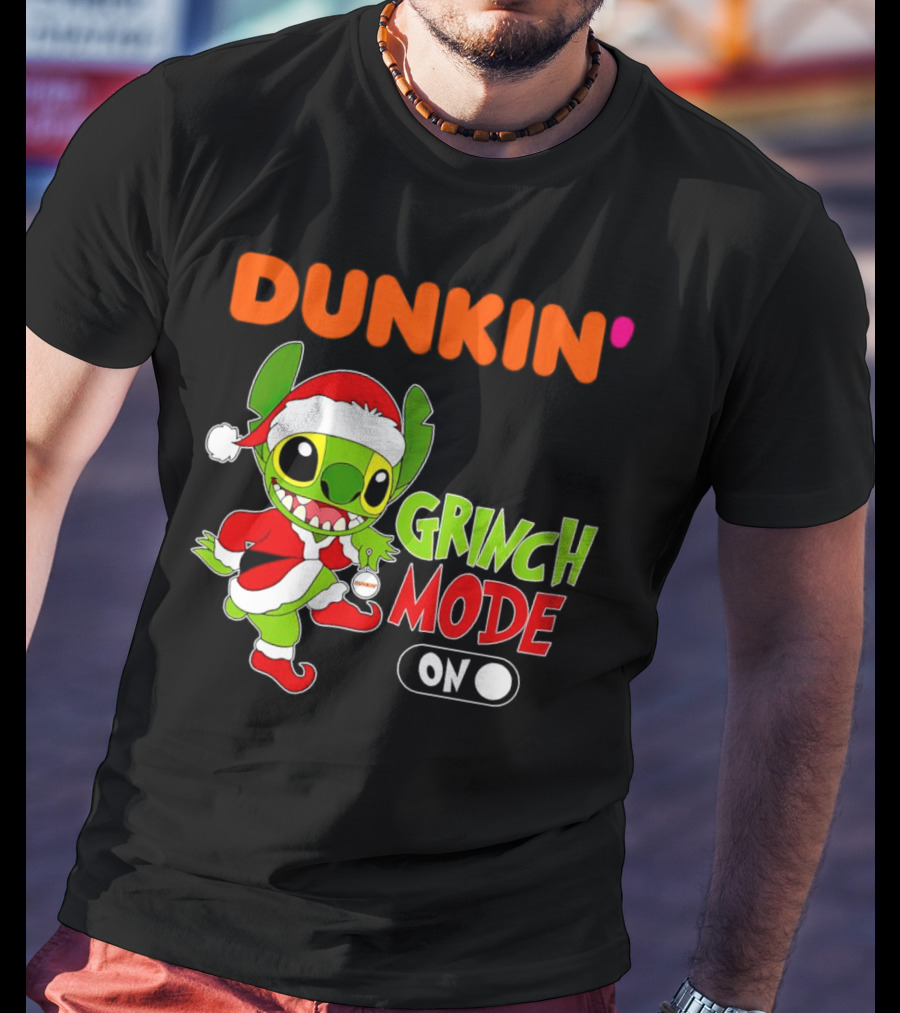 Dunkin' Grinch Mode On Christmas Stitch Santa Costume T-Shirt