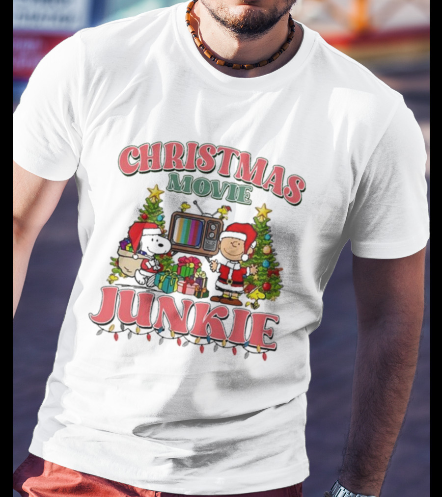 Snoopy And Charlie Brown Christmas Movie Junkie With TV And Gifts T-Shirt