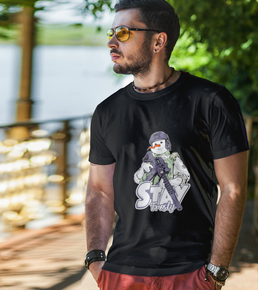 Stay Frosty Snowman Soldier With Rifle Drawing T-Shirt