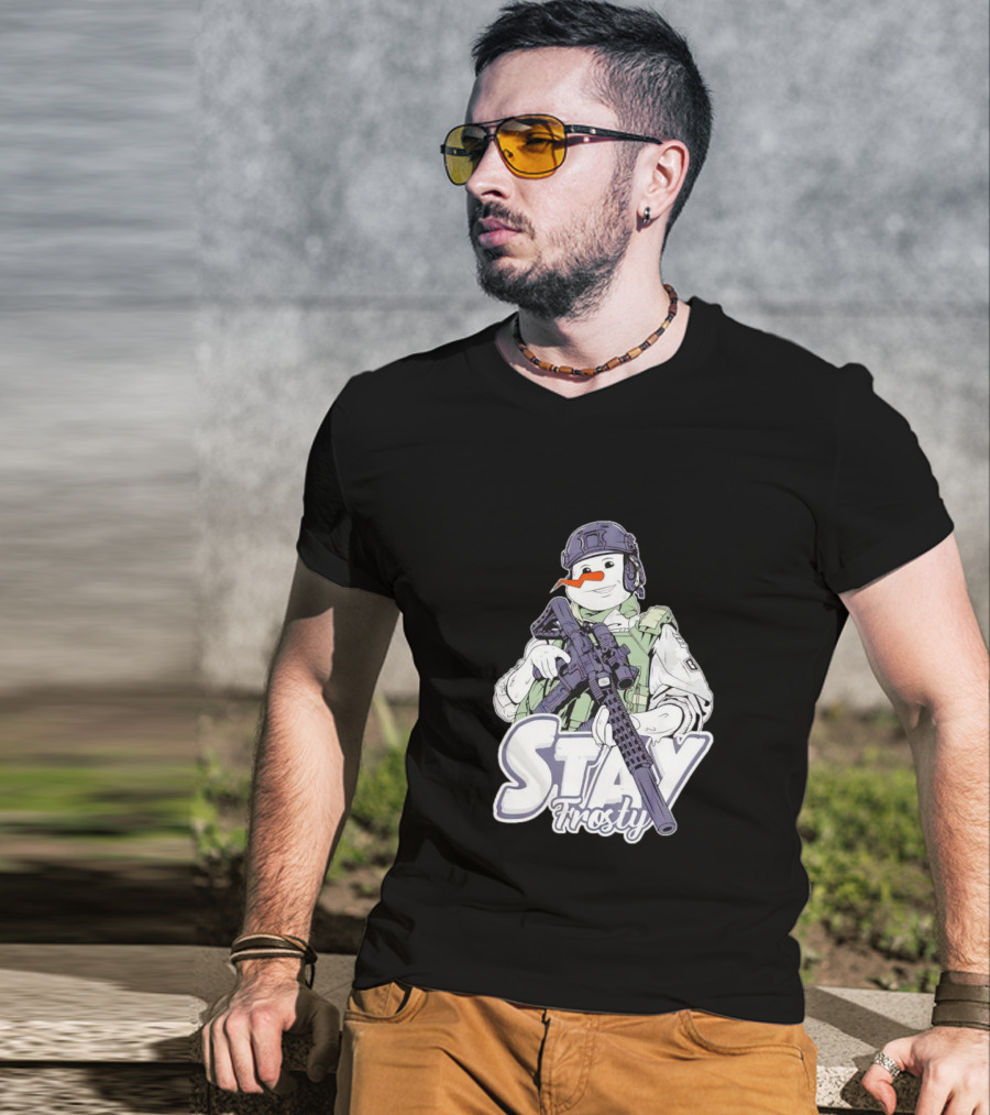 Stay Frosty Snowman Soldier With Rifle Drawing T-Shirt