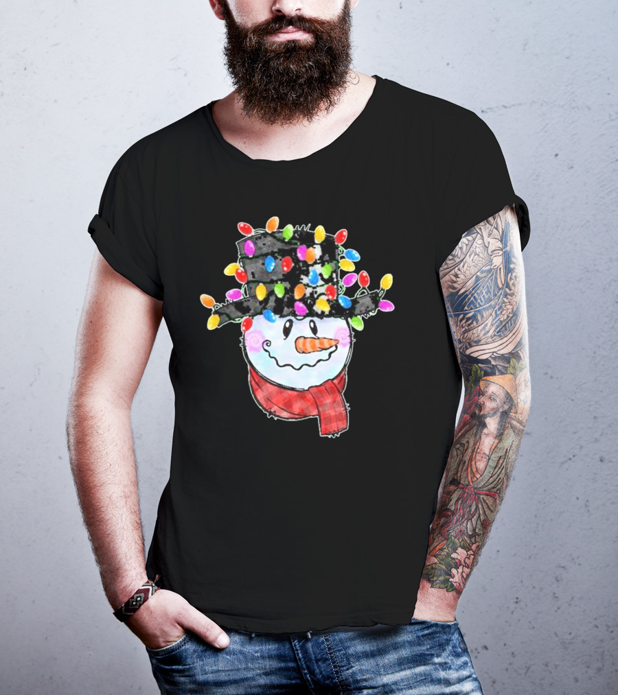 Snowman Wrapped In Colorful Christmas Lights With Black Top Hat And Red Scarf T-Shirt