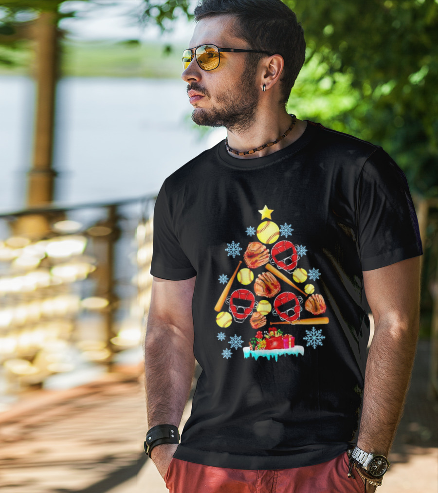 Christmas Tree With Softballs Bats Helmets Mitts And Gifts T-Shirt
