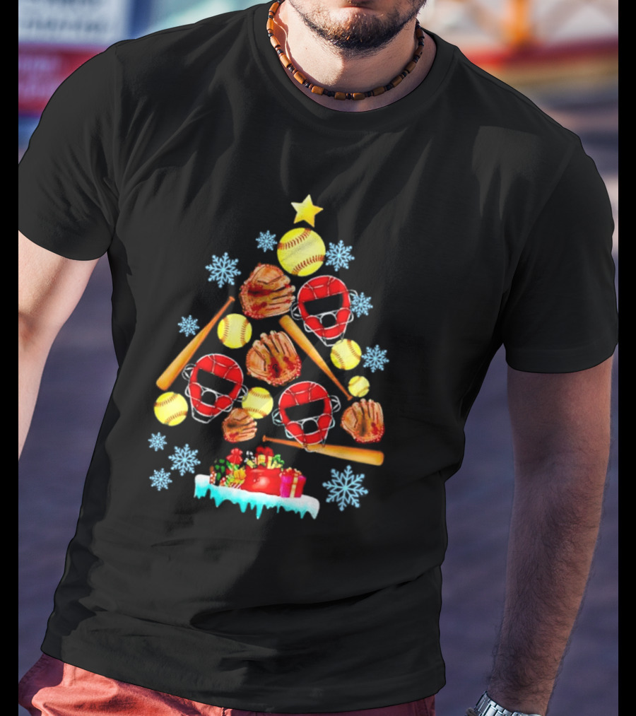 Christmas Tree With Softballs Bats Helmets Mitts And Gifts T-Shirt