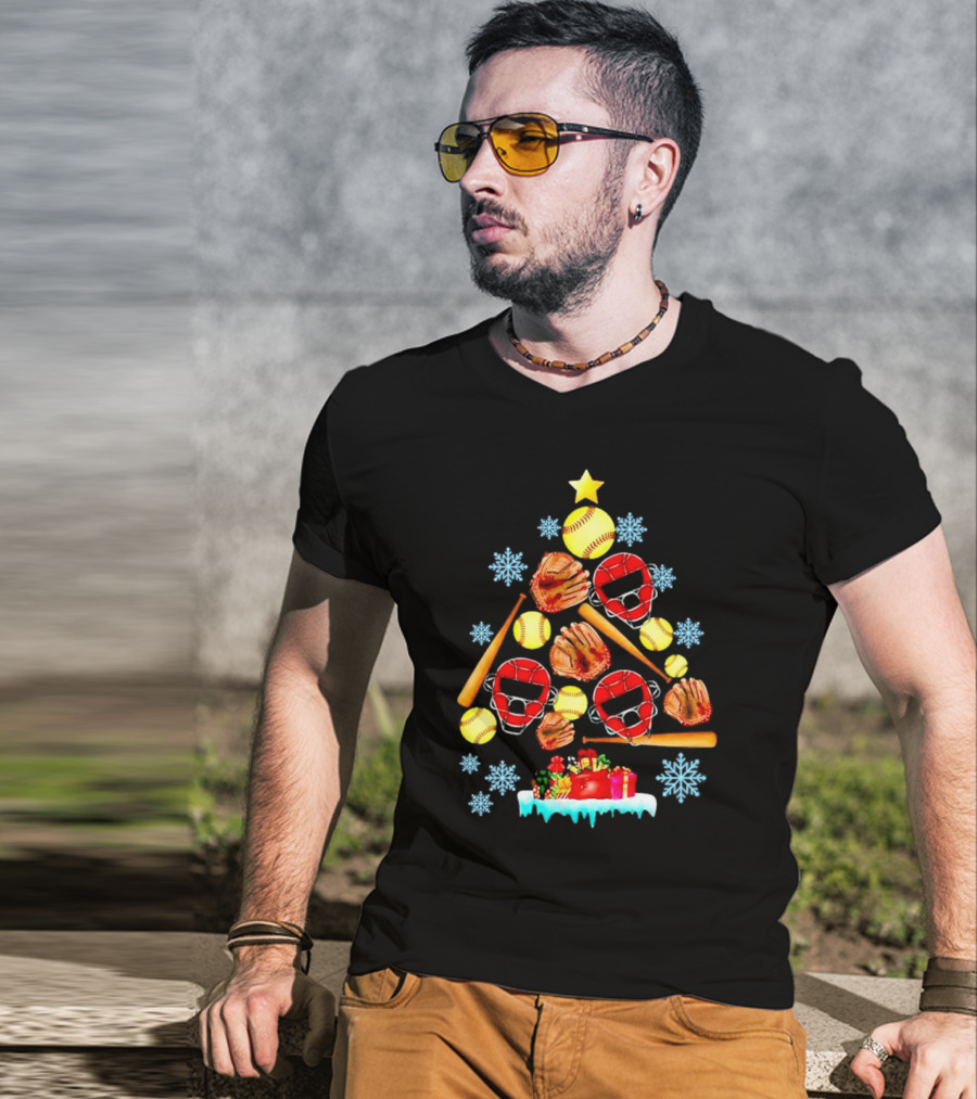 Christmas Tree With Softballs Bats Helmets Mitts And Gifts T-Shirt