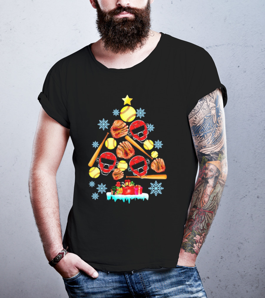 Christmas Tree With Softballs Bats Helmets Mitts And Gifts T-Shirt