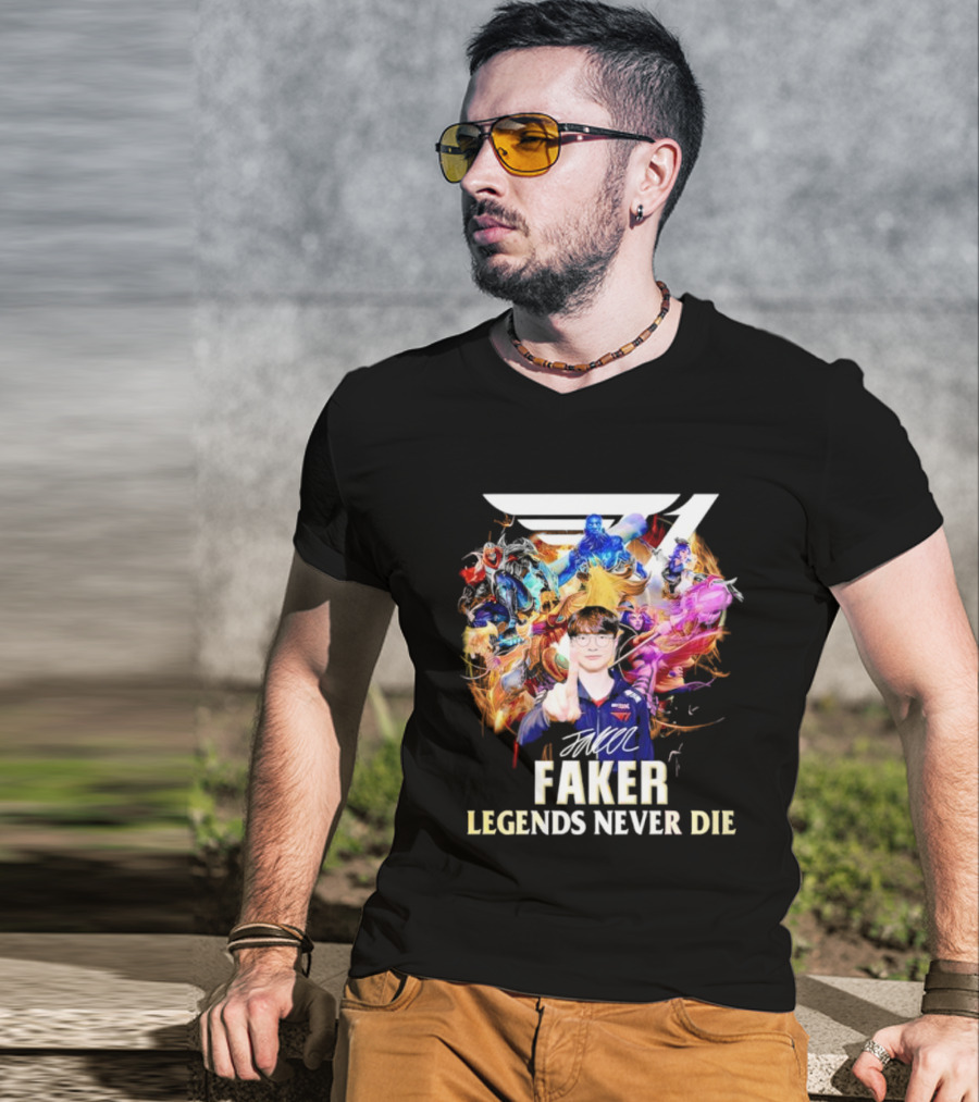 T1 Faker Legends Never Die Signature With Dynamic Character T-Shirt