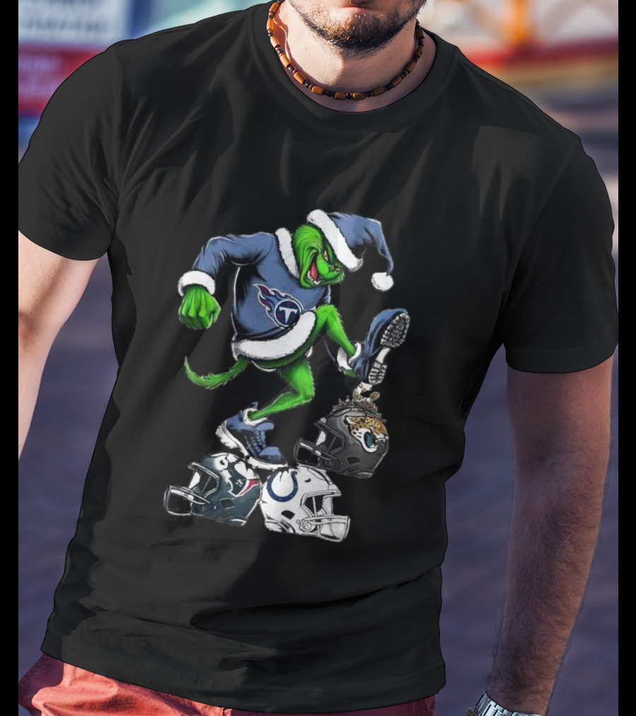 Tennessee Titans Grinch Stomping Jaguars Texans Colts Helmets Christmas T-Shirt