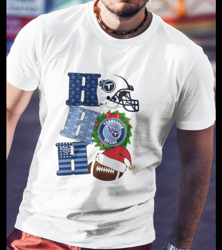 Tennessee Titans Ho Ho Ho Merry Christmas Football Helmet Santa Hat Wreath T-Shirt