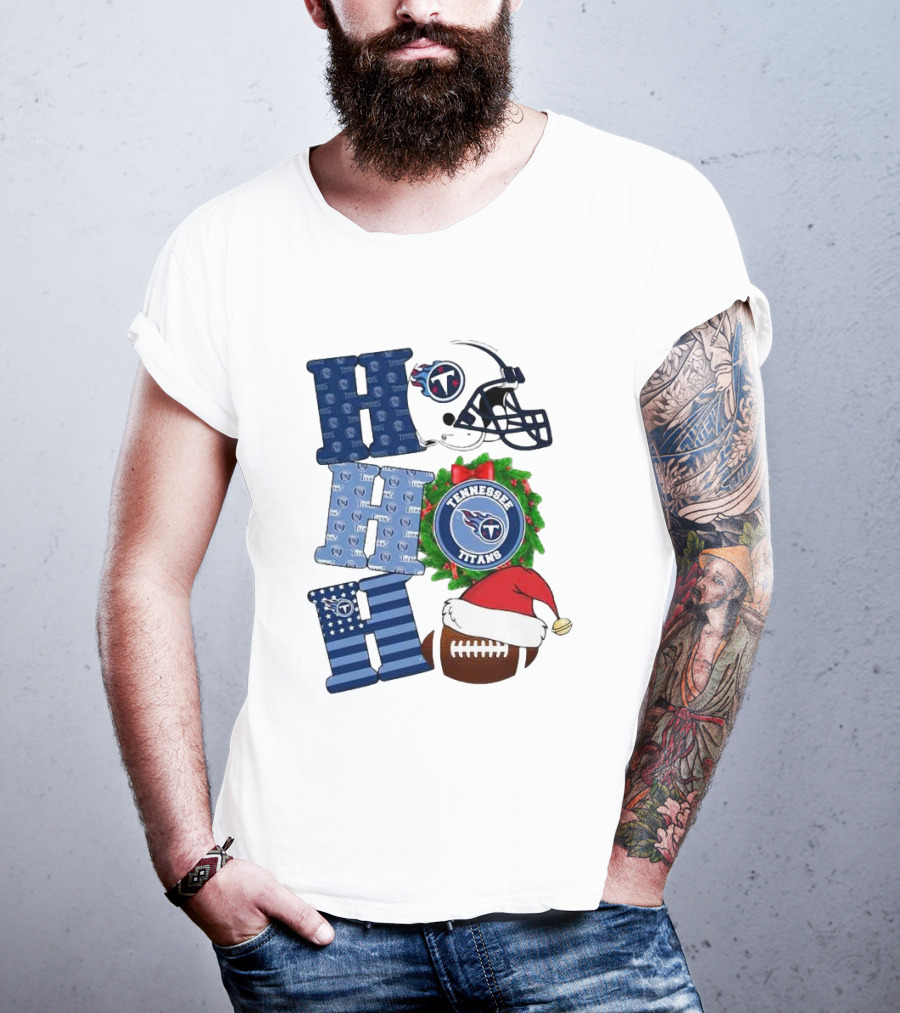 Tennessee Titans Ho Ho Ho Merry Christmas Football Helmet Santa Hat Wreath T-Shirt