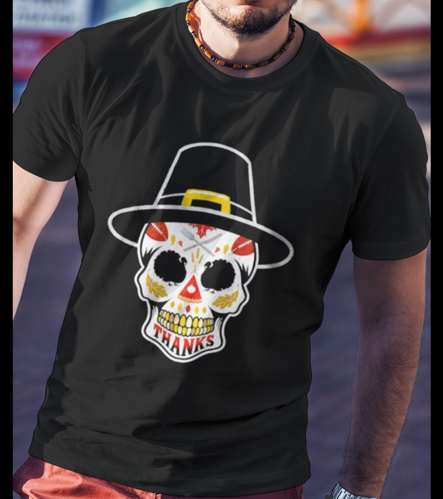 Thanksgiving Sugar Skull Thanks Pilgrim Hat Football Leaves T-Shirt