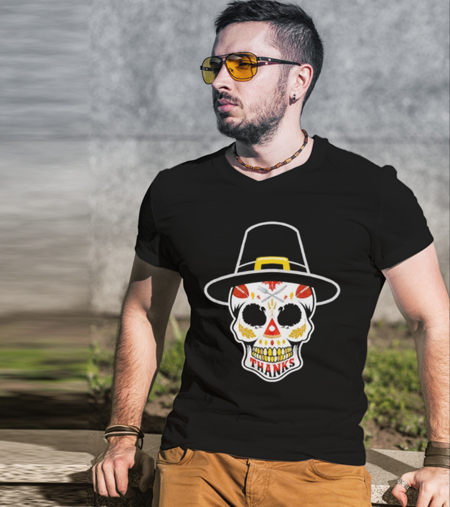 Thanksgiving Sugar Skull Thanks Pilgrim Hat Football Leaves T-Shirt