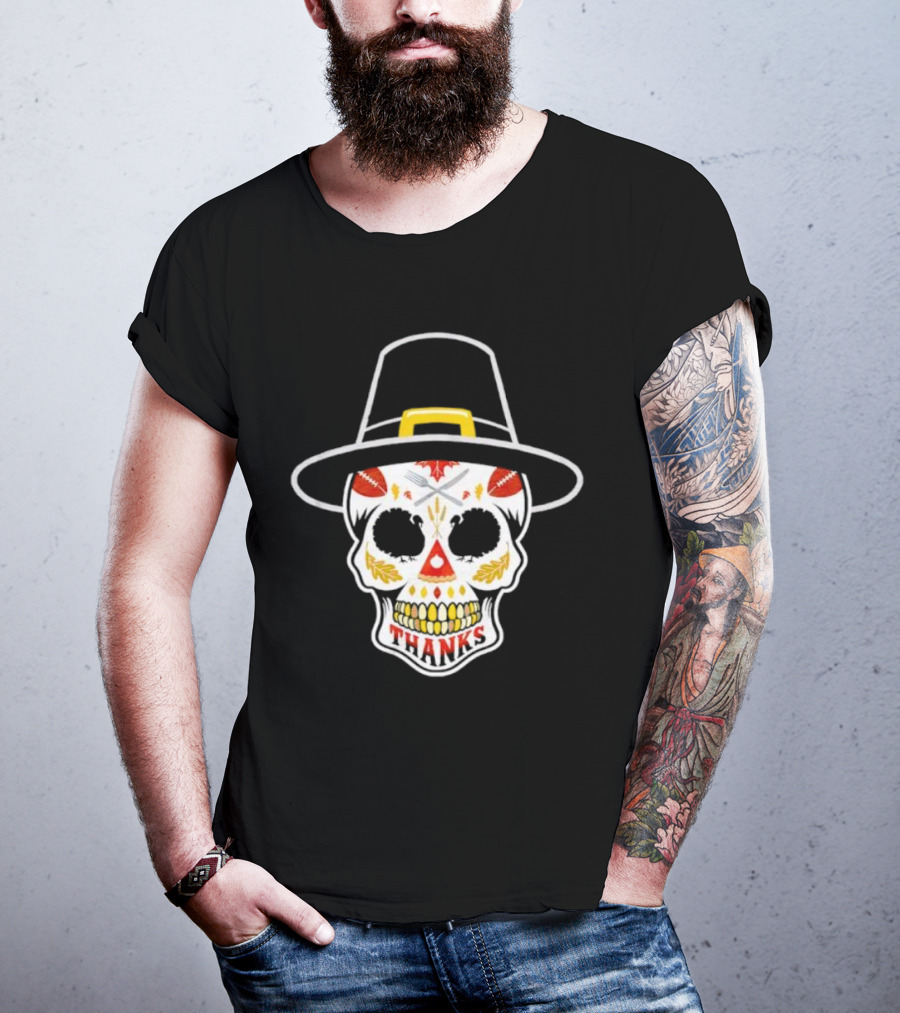 Thanksgiving Sugar Skull Thanks Pilgrim Hat Football Leaves T-Shirt