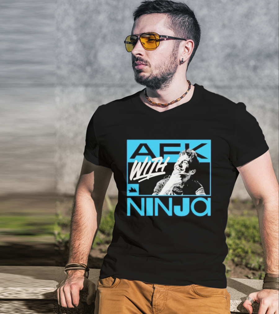 Afk With Ninja Gaming Streamer Icon Text Portrait Blue T-Shirt