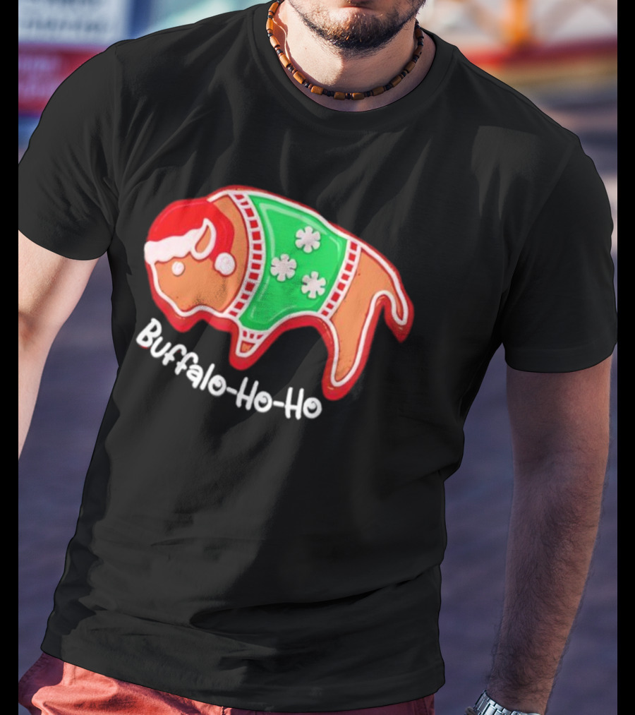 Buffalo-Ho-Ho Christmas Gingerbread Bison Santa T-Shirt