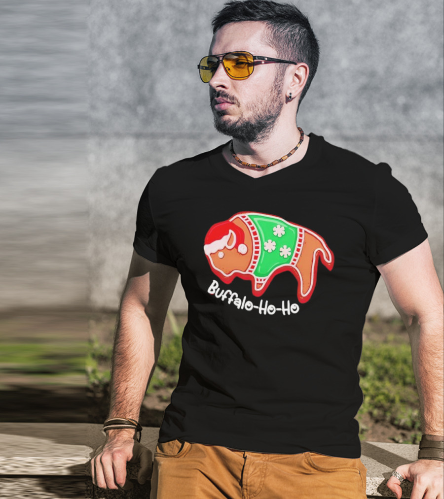 Buffalo-Ho-Ho Christmas Gingerbread Bison Santa T-Shirt