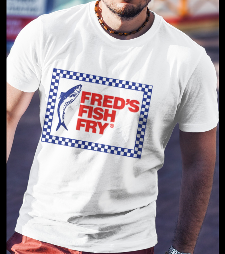 FRED'S FISH FRY Checkered Border With Jumping Fish T-Shirt