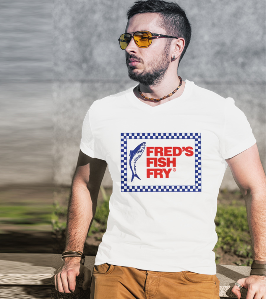FRED'S FISH FRY Checkered Border With Jumping Fish T-Shirt