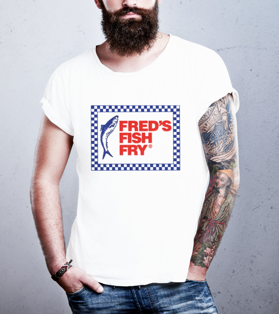 FRED'S FISH FRY Checkered Border With Jumping Fish T-Shirt