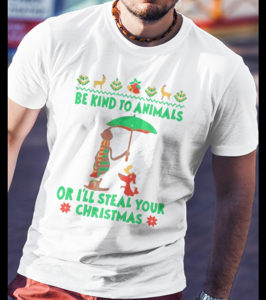 Be Kind To Animals Or I’ll Steal Your Christmas Grinch And Dog With Holiday Symbols T-Shirt