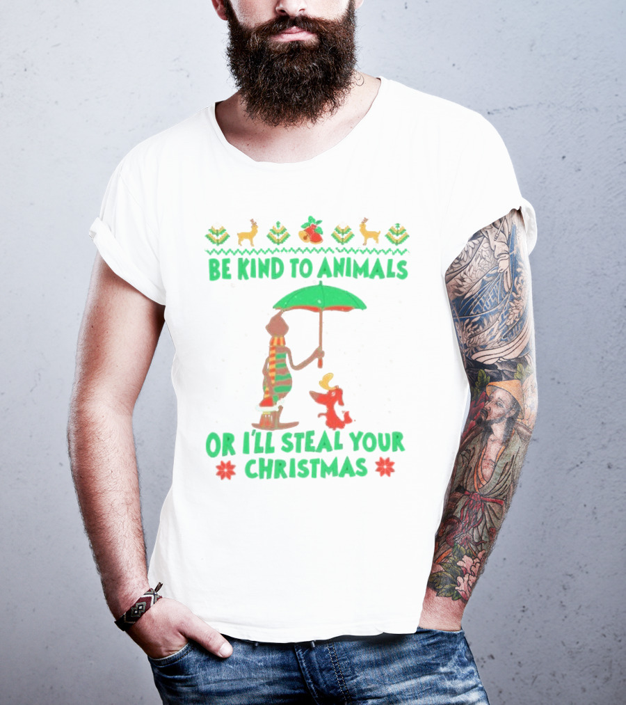 Be Kind To Animals Or I’ll Steal Your Christmas Grinch And Dog With Holiday Symbols T-Shirt
