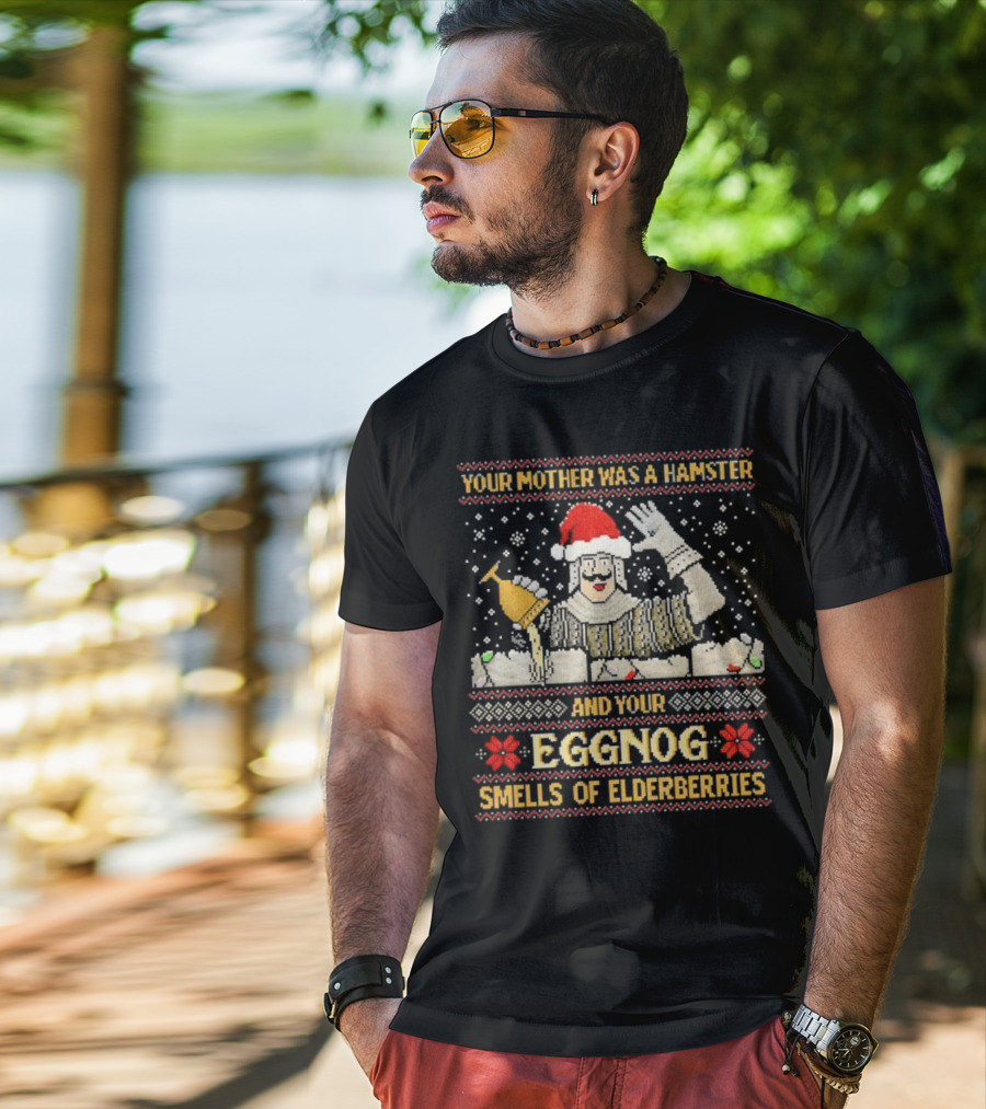 Your Mother Was A Hamster And Your Eggnog Smells Of Elderberries Christmas Santa Toasting T-Shirt