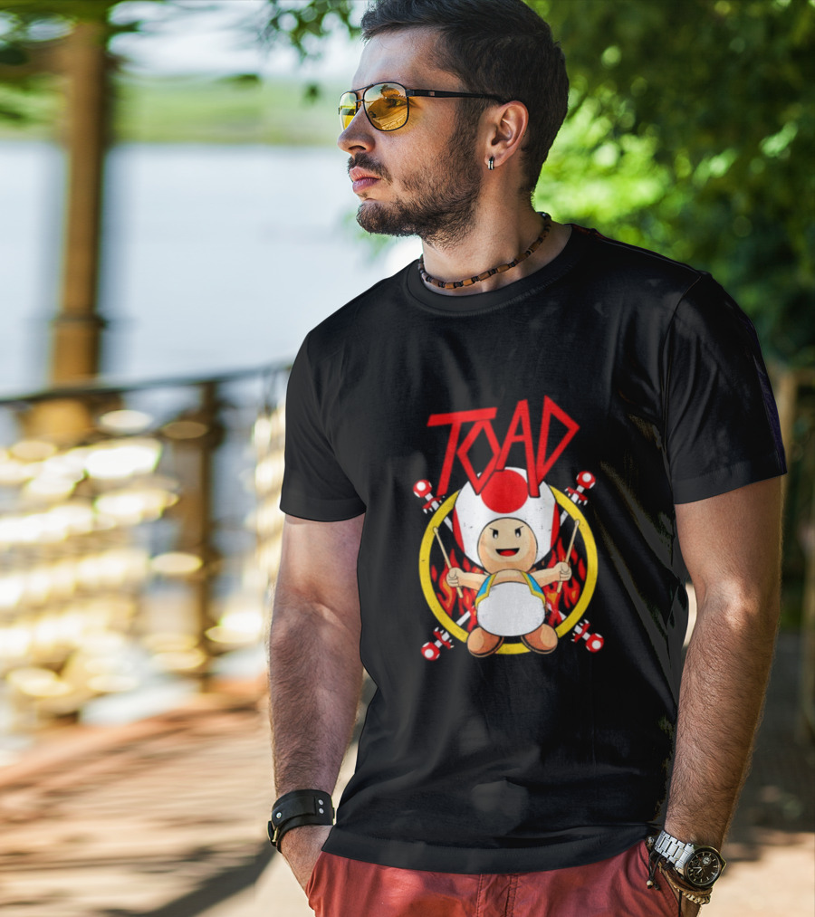 TOAD Heavy Metal Mushroom Drummer With Drumsticks And Flames Background T-Shirt