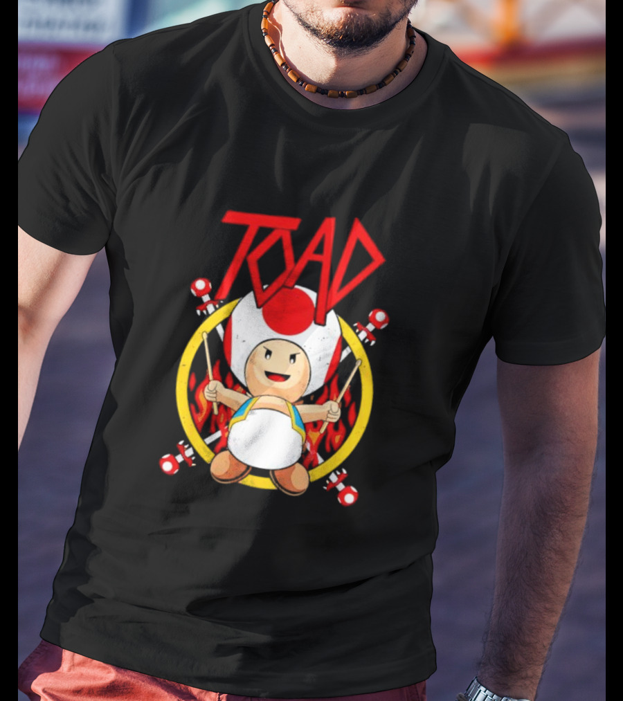 TOAD Heavy Metal Mushroom Drummer With Drumsticks And Flames Background T-Shirt