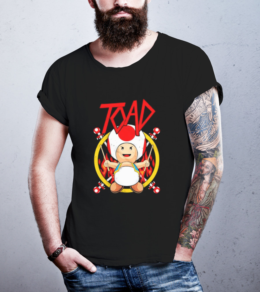 TOAD Heavy Metal Mushroom Drummer With Drumsticks And Flames Background T-Shirt