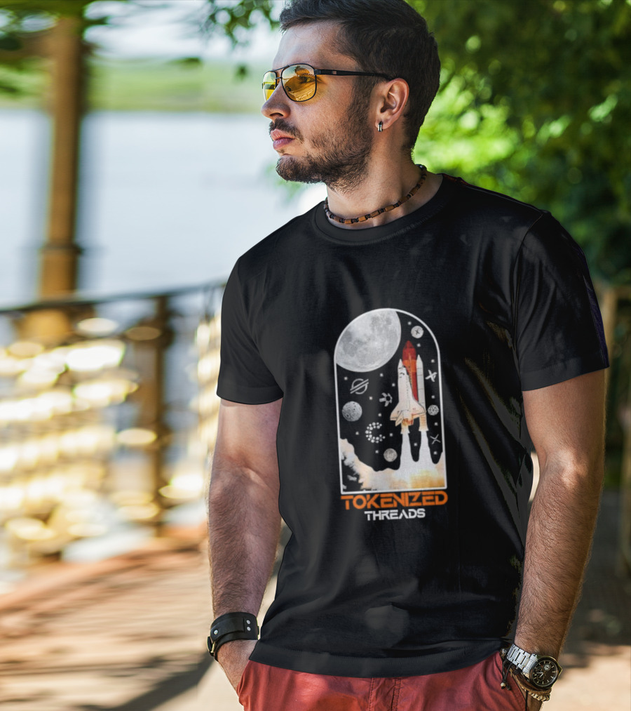 Tokenized Threads Space Shuttle Launch Under Moon With Planets And Stars T-Shirt