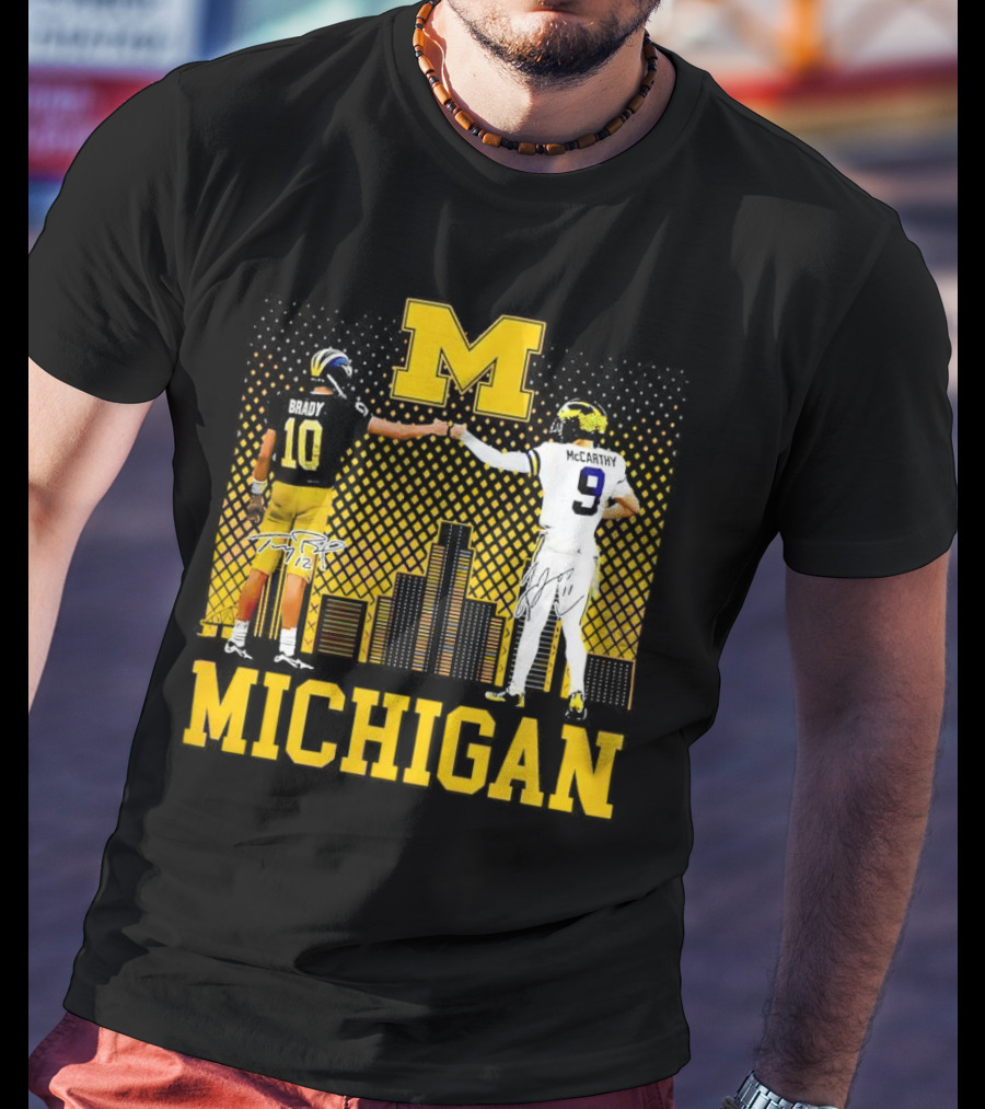 Michigan Wolverines Tom Brady Jj McCarthy Iconic Players Fist Bump Skyline T-Shirt